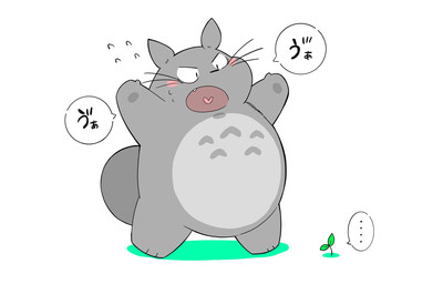 ambiguous_gender anthro belly big_belly biped blush chibi ellipsis fur grey_body grey_fur kemono overweight plant simple_background solo text white_background gayousi7 ghibli my_neighbor_totoro totoro mammal 2020 hi_res japanese_text