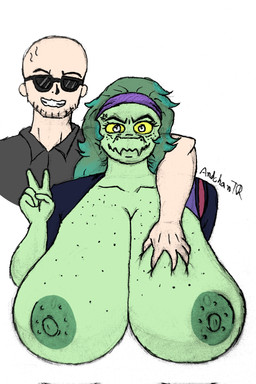 5_fingers accessory anthro areola bald big_areola big_breasts breast_grab breast_squish breasts clothing collared_shirt cross-popping_vein duo exposed_breasts eyelashes eyewear female female_on_human fingers freckled_breasts freckled_chest freckled_face freckles front_view gesture grabbing_from_behind green_body green_hair green_scales grey_eyes hair hand_gesture hand_on_breast headband highlights_(coloring) huge_areola huge_breasts human_on_anthro hyper hyper_breasts interspecies light-skinned_male light_body light_skin long_hair looking_at_viewer male male/female male_human male_on_anthro multicolored_hair nipples scales shirt simple_background smile squish stubble sunglasses teal_hair teal_highlights teeth text topwear two_tone_hair v_sign white_background yellow_sclera andchantr cavemanon_studios i_wani_hug_that_gator inco_(iwhtg) olivia_halford baryonyx dinosaur human mammal prehistoric_species reptile saurischian scalie spinosaurid theropod 2025 artist_name hi_res signature