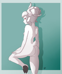 anthro breasts butt female hooves horn looking_at_viewer looking_back nude on_one_leg one_leg_up raised_leg raised_tail red_eyes smile solo standing tail hound_wolf helltaker goat_lucifer_(helltaker) bovid caprine goat mammal absurd_res hi_res