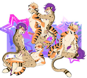 anal anal_penetration anthro anthro_penetrated bodily_fluids claws cowgirl_position cum cum_in_mouth cum_inside cum_on_chest duo finger_claws finger_in_mouth fish_hooking from_behind_position from_front_position fur genital_fluids genitals hair happy knot knotting lying male male/male male_penetrated male_penetrating male_penetrating_male markings missionary_position mutual_penetration on_back on_bottom on_top open_mouth orgasm pawpads paws penetration penis purple_hair purple_penis sex shark_tail simultaneous_orgasms smile smirk spots spotted_body spotted_fur standing standing_sex striped_body stripes tiger_shark_wolf versatile teffyleft omron traxchee cheetah felid feline hybrid mammal absurd_res hi_res