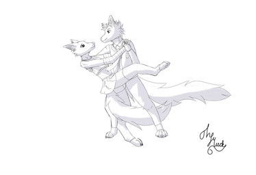 anthro bottomwear claws clothing crop_top dancing duo femboy fluffy fluffy_tail hand_holding hand_warmers legwear male male/male paws shirt simple_background skirt suit tail thigh_highs topwear white_background themuck canid canine canis fox mammal wolf absurd_res hi_res shaded simple_shading