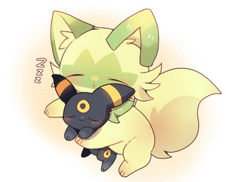 :3 ambiguous_gender black_body black_fur blush blush_lines cheek_tuft duo eyes_closed facial_tuft feral fur green_tail hug hugging_another inner_ear_fluff lying markings multicolored_body multicolored_fur on_side open_mouth simple_background size_difference sleeping sound_effects tail tuft two_tone_body two_tone_fur vowelless vowelless_sound_effect white_background yellow_markings zzz yupo_0322 nintendo pokemon eeveelution generation_2_pokemon generation_9_pokemon pokemon_(species) sprigatito umbreon colored colored_sketch digital_drawing_(artwork) digital_media_(artwork) hi_res shaded sketch