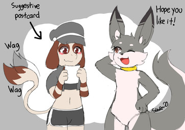 blush grey_body holding_object holding_paper paper smile tail tail_motion tailwag tan_body text fokkorev nintendo pokemon flin_(fokkorev) sean_(senz) canid generation_2_pokemon iradeon mammal pokemon_(species) smeargle absurd_res english_text hi_res