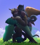 anthro bent_backwards carrying_another clutching curling_tail glowing glowing_eyes grass group hair holding_arm holding_partner hug hugging_another leaning_over male multi_eye piggyback plant tail trio wings geno28_(artist) kurt_the_thunderfloof alien ambiguous_species celestial_being felid feline mammal hi_res tagme watermark