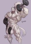 anthro balls bicep_curl biceps big_balls big_muscles big_penis dumbbell exercise felid flaccid flexing genitals goroguro hi_res huge_muscles male mammal muscular muscular_anthro muscular_male nude nude_workout penis smile solo standing weightlifting weights workout