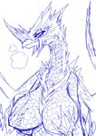 anthro anthrofied bedroom_eyes big_breasts breasts breath claws female hand_on_breast horn ice ice_horn membrane_(anatomy) membranous_wings narrowed_eyes naturally_censored pasties scales seductive solo spikes spikes_(anatomy) tail wings alyrise capcom monster_hunter mythology dragon mythological_creature mythological_scalie scalie velkhana blue_and_white half-length_portrait monochrome portrait sketch