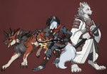 anthro armor black_hair brown_body brown_fur canid canine chainsword demonslaying_duo digitigrade elemental_creature elemental_humanoid fantasy fantasy_armor fantasy_weapon feral firedog fur generation_1_pokemon grey_body grey_fur growlithe hair hi_res humanoid male mammal melee_weapon nintendo orange_eyes pathfinder paws pokemon pokemon_(species) razor_the_firedog red_eyes spark_the_eidolon starwolfskin stripes sword weapon white_body white_fur zgf_art zgf_gaming