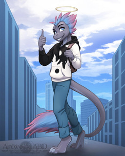 anthro backpack barefoot blue_eyes city claws clothed clothing countershade_feet countershading digitigrade feet gesture grey_body hair halo hand_gesture hoodie looking_at_viewer male outside soles solo tail tail_tuft thumbs_up toes topwear tuft abluedeer dreamkeepers fan_character dinosaur prehistoric_species reptile scalie 4:5 hi_res