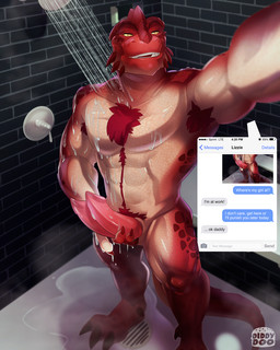 2_penises animal_genitalia animal_penis anthro armpit_hair body_hair camera_view claws countershading daddy_kink dick_pic electronics genitals hemipenes looking_at_viewer male multi_genitalia multi_penis muscular muscular_male nude penis phone phone_view pose red_body red_scales scales selfie shower solo taking_picture text text_message diddydoo zartersus lizard reptile scalie 4:5 english_text hi_res