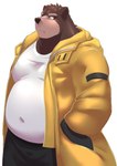 anthro belly big_belly bottomwear brown_body clothing eyewear glasses kemono male navel overweight overweight_male pants shirt simple_background solo topwear hati_noji_8 bear mammal 2022