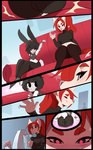 anthro beaux_(kenashcorp) beverage butt canid canine canis clothing comic female femboy furniture hi_res intersex kanel lagomorph larger_intersex leporid male mammal navel rabbit red_eyes size_difference smaller_male sofa sweater topwear turtleneck water wolf