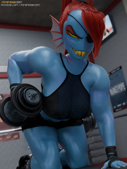 athletic athletic_female athletic_humanoid big_breasts blue_body blue_skin bodily_fluids bottomwear breasts clothed clothing exercise eye_patch eyewear female fingers footwear hair inside midriff narrowed_eyes nipple_outline non-mammal_breasts pupils red_hair sharp_teeth shoes shorts slit_pupils socks sweat teeth text topwear weightlifting weights workout yellow_sclera yamimarik1994 rafaknight-rk_(modeler) undertale_(series) undyne animal_humanoid aquatic aquatic_humanoid fish fish_humanoid humanoid 3d_(artwork) absurd_res artist_name digital_media_(artwork) hi_res url