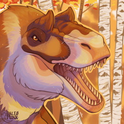 ambiguous_gender feral forest fur multicolored_body multicolored_fur nude open_mouth orange_eyes outside plant sharp_teeth snout solo teeth tongue tree whiskers pale0punk dinosaur prehistoric_species reptile saurischian scalie theropod tyrannosauroid yutyrannus 1:1 2026 colored digital_drawing_(artwork) digital_media_(artwork) hi_res shaded