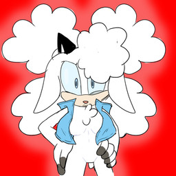 anthro black_horn blue_clothing blue_eyes blue_sclera blue_topwear blue_vest bottomless breasts chest_tuft clothed clothing cosplay featureless_breasts featureless_crotch female floppy_ears front_view fur hand_on_hip horn looking_at_viewer lop_ears open_clothing open_topwear open_vest pink_nose red_background simple_background solo tan_body tan_fur thick_thighs topwear topwear_only tuft vest vest_only white_body white_fur wide_hips cintra_(artist) idw_publishing sega sonic_the_hedgehog_(comics) sonic_the_hedgehog_(idw) sonic_the_hedgehog_(series) lanolin_the_sheep_(sonic) sally_acorn bovid caprine mammal sheep 1:1 hi_res