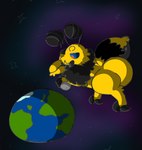 antennae_(anatomy) anthro arthropod_abdomen big_butt butt earth fluffy fur giga interplanetary_macro looking_down macro male mandibles moon orange_eyes orbit planet solo space wide_hips yellow_body yellow_fur fluffybeeboy bee_(fluffybeeboy) arthropod bee hymenopteran insect 2023 colored