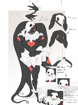 anthro armless ass_up black_body bone bone_mask bottomwear breasts cheek_spots clothing clubs_(marking) clubs_(suit) dancewear diamond_(marking) diamonds_(suit) featureless_breasts female floppy_ears head_tail heart_(marking) hearts_(suit) horizontal_pupils jester jester_outfit markings mask pupils sharp_teeth simple_background skirt skull skull_mask smile solo spades_(marking) spades_(suit) suit_symbol teeth text tutu white_background yellow_sclera dullvivid khaos_(dullvivid) bovid caprine demon goat mammal english_text hi_res model_sheet