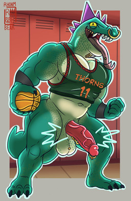 anthro ball balls basketball_(ball) basketball_uniform bodily_fluids bottomless bottomless_anthro bottomless_male claws clothed clothing collar erection facial_piercing frenum_ladder frenum_piercing genital_piercing genitals glans_piercing green_body green_clothing green_scales green_shirt green_topwear head_spikes holding_object humanoid_genitalia humanoid_penis ladder_piercing lip_piercing locker_room male muscular muscular_anthro muscular_male neck_piercing nipples nose_piercing nose_ring penis penis_piercing piercing purple_spikes ring_piercing saliva scales scrotum_piercing septum_piercing septum_ring shirt shirt_only solo spikes spikes_(anatomy) sportswear studded_collar studs tail teeth tongue tongue_out tongue_piercing topwear topwear_only uniform vein veiny_penis yellow_sclera rhoambear goat_(movie) sony_corporation sony_pictures modo_olachenko komodo_dragon lizard monitor_lizard reptile scalie 2026 digital_media_(artwork) hi_res