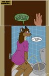 anthro bathroom blush bodily_fluids brown_body brown_fur clothing comic english_text female feral_transformation fur genital_fluids horn humanoid hyena intersex mammal mane markings peeing shirt snout solo spirit_dancer spots spotted_body spotted_fur text toilet topwear urine