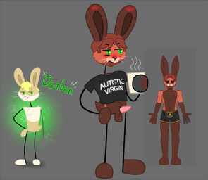 animal_genitalia animal_penis anthro autism balls beverage black_clothing black_shirt black_topwear black_underwear blush blush_lines bottomless brown_body brown_fur cheek_tuft chest_tuft chin_tuft clothed clothing container cup ear_blush embarrassed erection eyebrows facial_tuft feet fur genitals green_eyes hair hand_on_hip holding_container holding_cup holding_object lagomorph_penis looking_away male orange_body orange_fur penis prosthetic prosthetic_arm prosthetic_limb sheath sheathed_tapering_penis shirt simple_background smile solo standing steam stick_arms stick_figure stick_legs tail tapering_penis text text_on_clothing text_on_shirt text_on_topwear text_on_underwear topwear tuft underwear whiskers darli_buni darlan_bunnit lagomorph leporid mammal oryctolagus rabbit digital_media_(artwork) english_text reference_image
