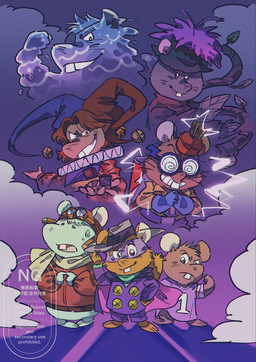 anthro cape clothed clothing cosplay dice eye_patch eyewear glasses goggles group hat headgear headwear male mask scarf text yumekana23 darkwing_duck disney ducktales gamba_no_bouken gamba_no_bouken_(series) bobo_(gamba_no_bouken) chuuta gakusha ganba ikasama shijin yoisho mammal mouse murid murine rodent 2026 english_text hi_res watermark
