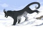 ambiguous_gender bared_teeth black_horn blue_eyes day fangs feral fur glistening glistening_eyes grey_body grey_fur grey_markings grey_tail horn markings outside side_view snow solo spots spotted_legs spotted_markings spotted_tail tail tail_markings teeth corzh77 felid mammal