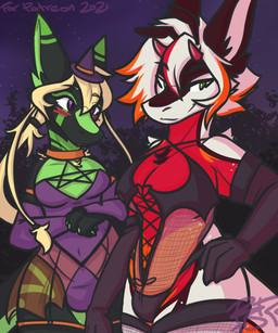 anthro big_breasts black_body black_fur blonde_hair blush breasts bulge clothed clothing costume devil_costume duo female fur green_body hair halloween_costume hat headgear headwear holidays multicolored_body navel non-mammal_breasts non-mammal_navel outside ponytail short_hair skimpy small_breasts translucent translucent_clothing white_hair witch_costume witch_hat rainsnowandflowers halloween mythology kitty_(rainsnowandflowers) sunny_(rainsnowandflowers) dragon furred_dragon furred_scalie mythological_creature mythological_scalie scalie 5:6 hi_res trans_(lore) trans_woman_(lore)