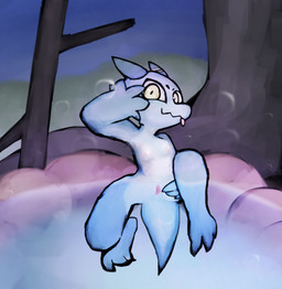 anthro areola bandage blue_body breasts bubble detailed_background eyebrows female genitals night nipples nude nude_female outside partially_submerged presenting presenting_vulva shower sitting slim small_breasts smile solo spread_legs spreading tail tongue tongue_out vulva water yellow_eyes kobythekobold koby_(kobythekobold) kobold scalie