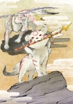 :3 ambiguous_gender arrow_(weapon) bow_(weapon) cloud digitigrade duo feral holding_object holding_weapon quadruped ranged_weapon tail weapon unknown_artist capcom clover_studio okami_(capcom) gekigami_(okami) thunderbolt felid mammal pantherine tiger low_res source_request