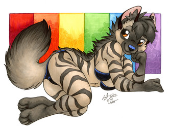 anthro bikini black_body black_fur black_hair breasts brown_eyes butt clothing female fur grey_body grey_fur hair lgbt_pride pattern_background pride_color_background pride_colors rainbow rainbow_background rainbow_pride_colors simple_background six-stripe_rainbow_pride_colors solo striped_background swimwear two-piece_swimsuit michele_light aardwolf hyena mammal 2022 traditional_media_(artwork)