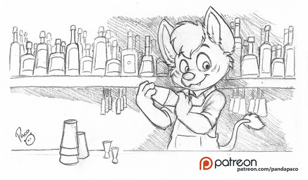 anthro apron bartender bottle closed_smile clothed clothing container front_view hair logo male male_anthro mouth_closed patreon_logo short_hair smile solo text topwear pandapaco patreon canid canine mammal artist_logo signature spot_color url