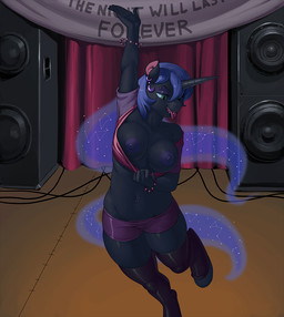 anthro anthrofied areola big_breasts blue_hair breasts clothed clothing ear_piercing exposure_variation female flashing hair horn legwear midriff navel navel_piercing nipples piercing raised_arm solo speaker stage text tongue tongue_out tongue_piercing kevinsano friendship_is_magic hasbro my_little_pony mythology nightmare_moon_(mlp) equid equine mammal mythological_creature mythological_equine unicorn 2015 digital_media_(artwork) english_text