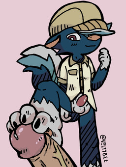 4_toes blue_body blue_fur clothed clothing duo feet flat_cap foot_fetish foot_focus foot_play footjob fur genitals hat headgear headwear humanoid_genitalia humanoid_hands humanoid_penis male male/male partially_clothed penile penis red_eyes sex solo_focus toes voltybee animal_crossing nintendo kicks_(animal_crossing) human mammal mephitid skunk absurd_res hi_res signature