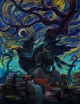 book cloud crescent_moon duo feathered_wings feathers male moon pile plant scarf scroll sky solo_focus surrealism tree van_gogh wings wood blacklack-21 avian bird corvid corvus_(genus) crow human mammal oscine passerine