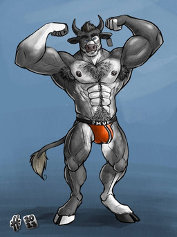 abs anthro armpit_hair barazoku big_muscles black_hair black_hooves black_horn black_nipples blue_eyes body_hair bulge chest_hair clothed clothing detailed_bulge ear_piercing ear_tag flexing flexing_bicep front_view fur genital_outline grey_body grey_fur grin hair hooves horn huge_muscles jockstrap looking_at_viewer male male_anthro muscular muscular_anthro muscular_male nipples orange_clothing orange_jockstrap orange_underwear pecs penis_outline piercing pose pubes smile solo standing tail tail_tuft topless tuft underwear white_body white_fur white_hooves hufnaar bovid bovine cattle mammal 2023 dated full-length_portrait hi_res portrait