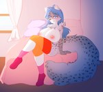 anthro bed bedroom big_breasts blue_eyes blue_hair breasts clothing detailed_background female furniture hair huge_breasts inside legwear legwear_only lesbian_pride_colors lgbt_pride long_hair long_tail nipples orange_lesbian_pride_colors pride_color_clothing pride_color_legwear pride_colors solo spots tail thigh_highs thigh_highs_only kttsunne skylar_(skylykat) domestic_cat felid feline felis mammal digital_media_(artwork) hi_res shaded