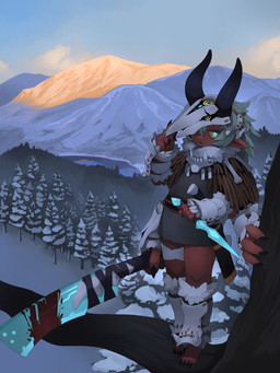 4_arms blood blood_on_weapon blue_eyes bodily_fluids bone bone_mask branch breath clothed clothing cloud dagger female fully_clothed glowing glowing_eyes green_hair hair holding_object holding_weapon horn humanoid_pointy_ears looking_at_viewer mask melee_weapon mountain multi_arm multi_limb not_furry one_eye_obstructed open_mouth outside plant pointy_ears red_body red_skin river skull skull_mask sky snow solo standing tree water weapon kamukamu6392 asian_mythology east_asian_mythology japanese_mythology mythology demon humanoid oni yokai 2022 3:4 hi_res shaded