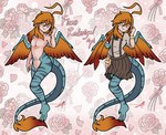 claws clothed clothing feathers femboy fur hair male markings nude orange_body orange_eyes orange_feathers orange_fur orange_hair simple_background solo tail toe_claws wings shriekingmagpie fiona_(flight_rising) humanoid hi_res