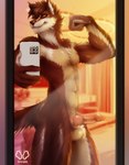 anthro big_chest brown_body brown_fur cellphone clothing electronics flexing flexing_bicep fur genitals knot large_male male mirror muscular muscular_male nude orange_eyes penis phone selfie shirt smartphone solo topwear shorple apple_inc. iphone elzix_(elzix) canid canine canis mammal wolf hi_res