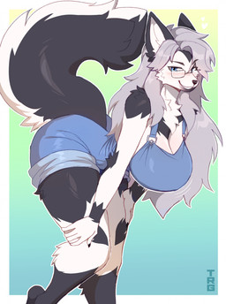 anthro biped blush breasts clothed clothed_anthro clothed_female clothing eyewear female fingers fluffy fluffy_ears fluffy_tail front_view fur glasses hair long_hair looking_at_viewer neck_tuft smile solo standing tail teeth tuft thericegoat miliam_(genemon) canid canine canis mammal wolf hi_res