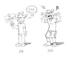 angry anthro antlers bottomwear cargo_shorts closeted clothing horn male motion_lines open_mouth shadow shirt shorts sign simple_background solo t-shirt teeth_showing text thought_bubble tongue_showing topwear white_background tinydeerguy darwin_(tinydeerguy) 2015 2022 english_text hi_res monochrome