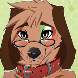 black_nose brown_body brown_ears brown_eyes brown_fur collar dark_ears eyebrows eyelashes eyewear fur glasses glistening glistening_eyes green_background looking_at_viewer pattern_background simple_background smile solo year wolflady volk_waffles canid canine canis domestic_dog mammal 1:1 2021 bust_portrait dated digital_drawing_(artwork) digital_media_(artwork) icon low_res portrait shaded signature