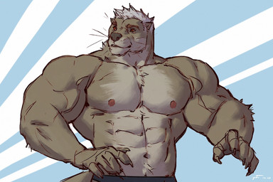 5_fingers abs anthro biceps big_muscles black_bottomwear black_clothing blue_background bottomwear brown_body brown_eyebrows brown_eyes brown_fur claws clothing countershade_face countershade_fur countershade_neck countershade_torso countershading eyebrows finger_claws fingers front_view fur grey_body grey_countershading grey_hair hair huge_muscles looking_aside male mouth_closed multicolored_body multicolored_fur muscular muscular_anthro muscular_male nipples pecs simple_background snout solo text two_tone_body two_tone_fur whiskers white_background white_sclera taran_fiddler carter_(diarmaidhutchence) mammal mustelid otter 2023 archived_source artist_name dated digital_drawing_(artwork) digital_media_(artwork) english_text half-length_portrait portrait