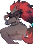 anthro blue_eyes breasts butt claws featureless_breasts female fur grey_body grey_fur hair kemono looking_at_viewer lying simple_background solo white_background baburusushi nintendo pokemon canid canine generation_5_pokemon mammal pokemon_(species) zoroark 2020 3:4 hi_res