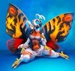 anthro arthropod big_breasts black_body blue_eyes breasts featureless_crotch female fivel hi_res insect lepidopteran moth mothra mothra_(series) multicolored_body non-mammal_breasts nude orange_body solo toho white_body wide_hips