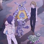 animal_skin anthro belly blonde_hair brown_hair carrying_another female group hair horn male piggyback purple_hair slightly_chubby gdn0522 bandai_namco digimon digimon_adventure_02 ken_ichijouji matt_ishida digimon_(species) gabumon gotsumon human mammal wormmon 1:1 hi_res