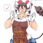 :d accessory animal_print apron belt bottomwear breasts brown_hair clothed clothing cow_print denim denim_bottomwear denim_clothing female gloves hair hair_accessory hair_ribbon handwear horn jeans open_mouth pants ribbons shirt short_hair smile solo tail tail_tuft text topwear tuft yellow_eyes hataraki_ari sukimi_(hataraki) animal_humanoid bovid bovid_humanoid bovine bovine_humanoid cattle_humanoid humanoid mammal mammal_humanoid 1:1 hi_res url