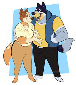 anthro bottomwear canon_couple clothed clothing dipstick_limbs duo eyes_closed female fur gloves_(marking) happy husband_and_wife jacket looking_back male markings married_couple multicolored_body multicolored_fur open_mouth overweight pants shirt smile tail tail_tuft topwear tuft vest thornillustrate bluey_(series) bandit_heeler chilli_heeler australian_cattle_dog canid canine canis cattledog domestic_dog herding_dog mammal pastoral_dog 2022 digital_media_(artwork) hi_res parent_(lore)