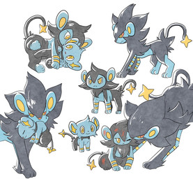 ambiguous_gender black_body black_fur blue_body family feral fur group sleeping wounded yellow_eyes 3920kashiwa nintendo pokemon felid generation_4_pokemon luxio luxray mammal pokemon_(species) shinx hi_res