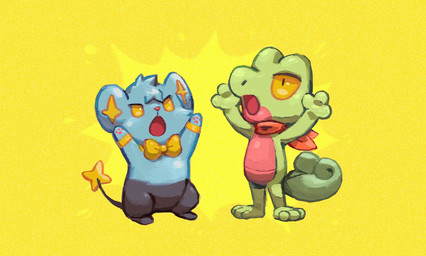 annoyed black_body black_fur blue_body blue_fur bow_tie duo fur green_body half-closed_eyes narrowed_eyes open_mouth pawpads raised_arms red_scarf scarf serious simple_background tail yellow_background yellow_bow_tie yellow_eyes yellow_sclera thatlazyrat nintendo pokemon pokemon_mystery_dungeon spike_chunsoft generation_3_pokemon generation_4_pokemon pokemon_(species) shinx treecko 2021