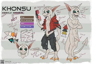 anthro athletic balls bottomwear bulge claws clothed clothing dreadlocks eyewear foreskin genitals glasses graffiti half-erect humanoid_genitalia humanoid_penis jacket long_foreskin makeup male pants penis qr_code solo text topwear conditional_dnp draite gremlin kobold reptile scalie english_text model_sheet